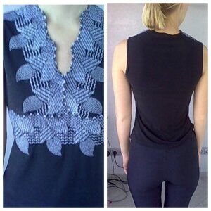 French Stylish Black Top  Sleeveless Blouse With Silver Embroidery